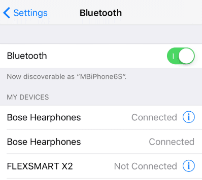 iPhone Bluetooth settings