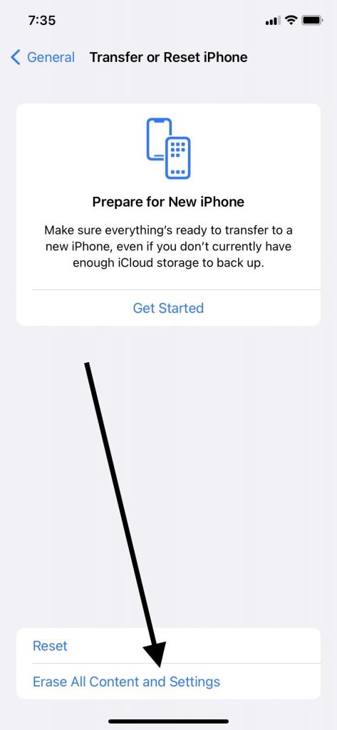 Erase All Content and Setting